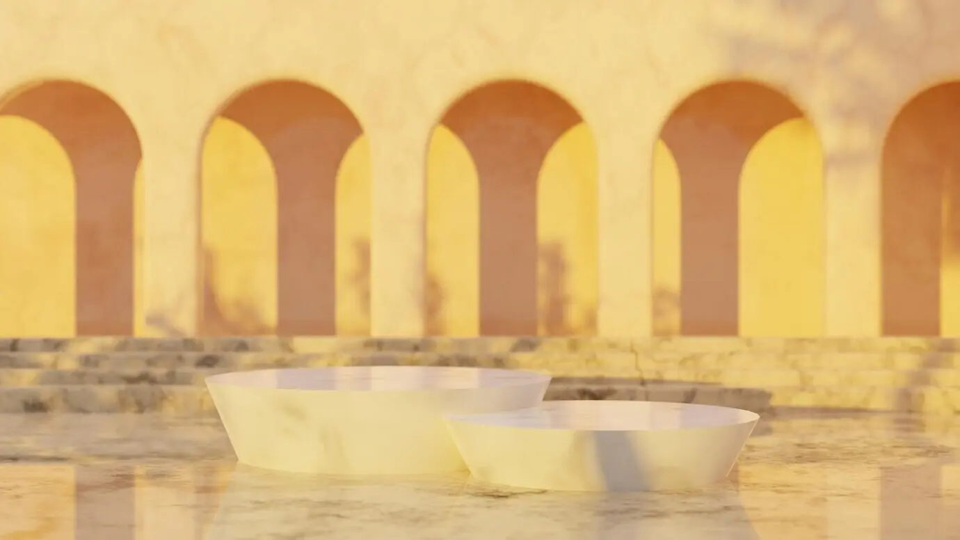 Leeres weißes Marmorpodest vor pastellfarbenem Hintergrund, minimalistische Boxen und geometrische Podestszene mit g.