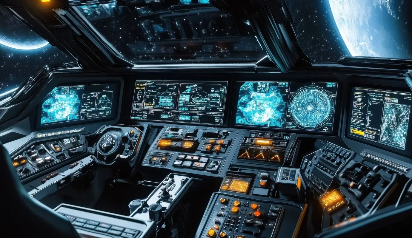 Innenansicht des Steuerpults eines Raumfahrzeugs